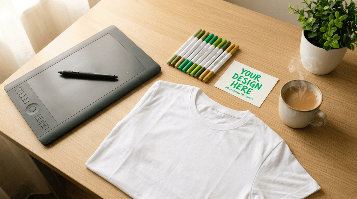 A desk with blank t-shirt and markers ready for a new design challenge