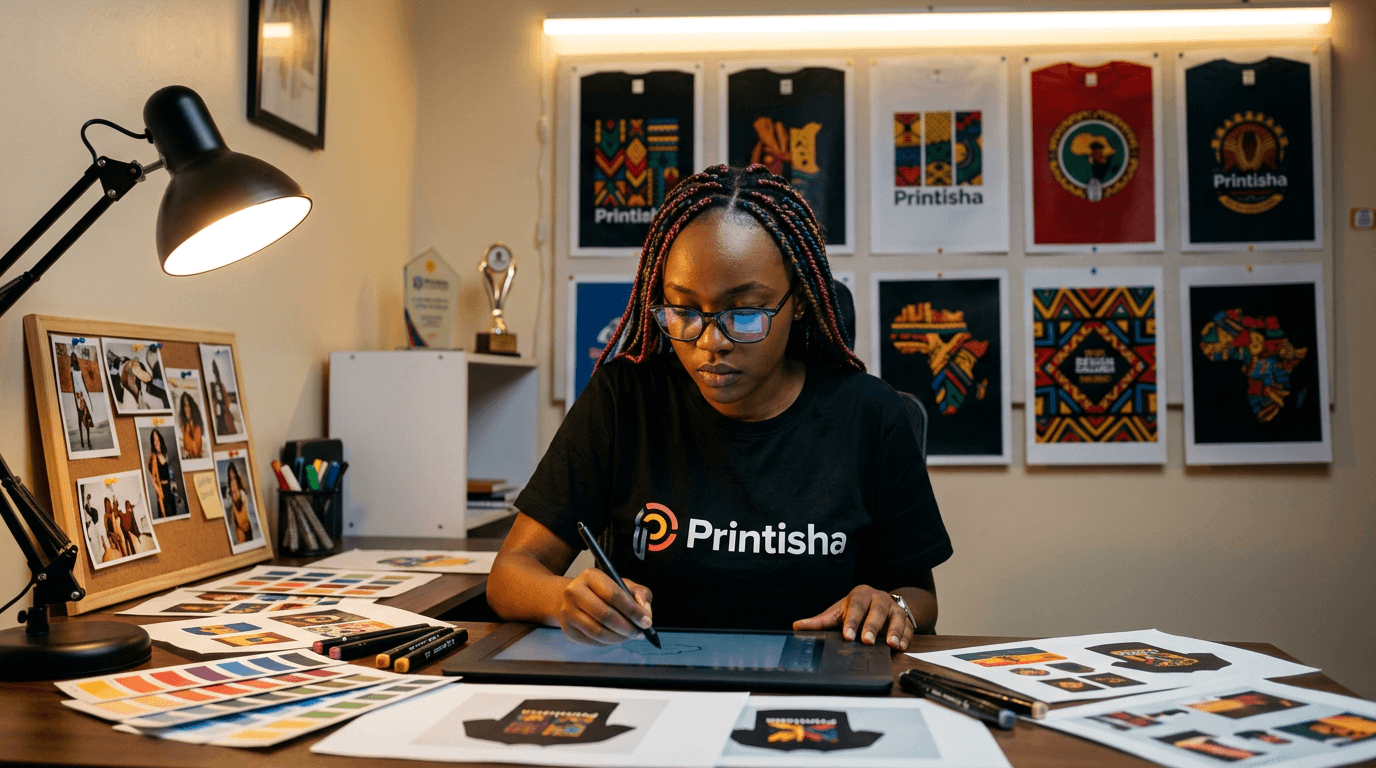 Kenyan creator sketching a design entry for a Printisha design challenge