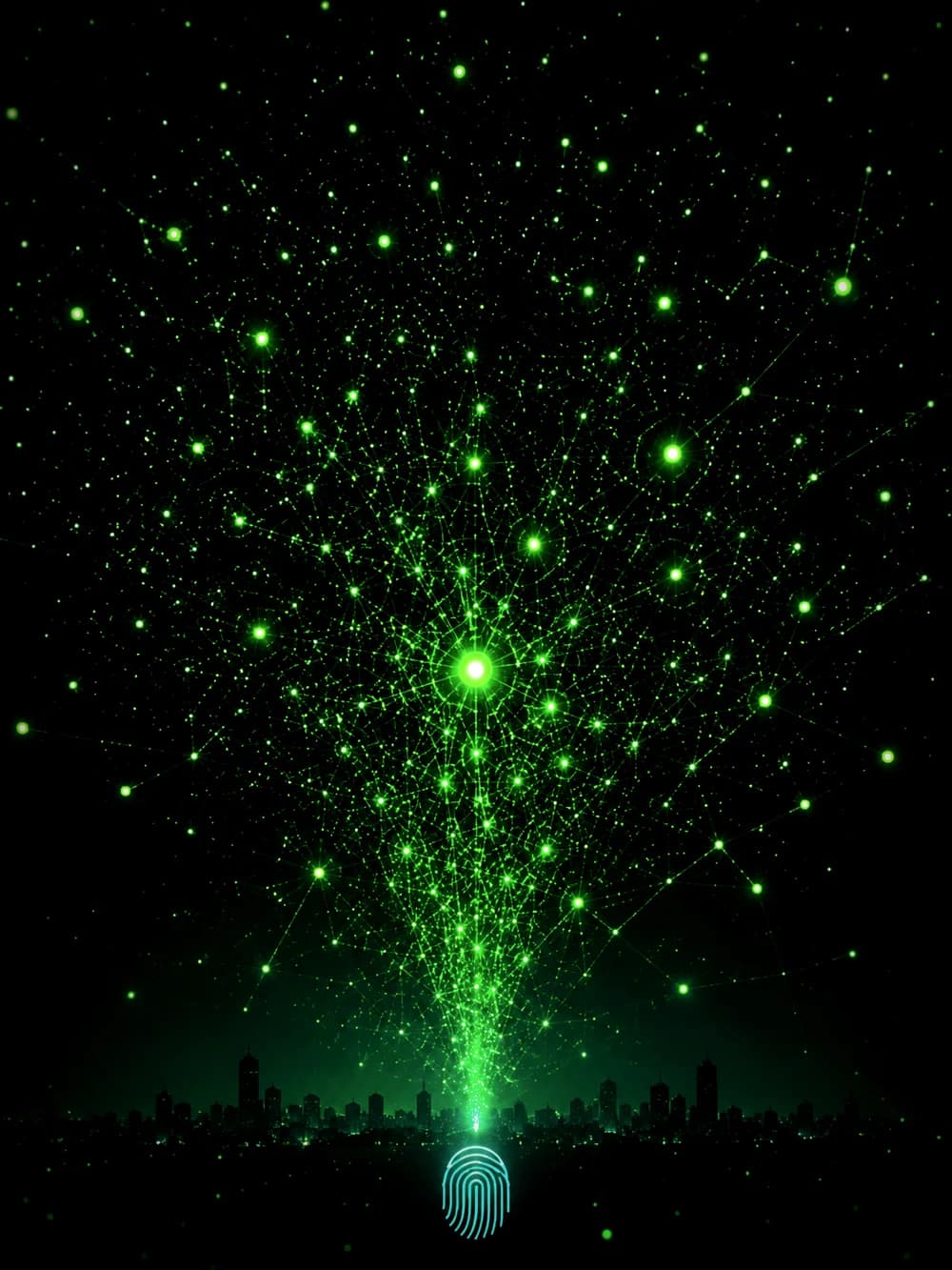 The FIJIO mark erupting into a galaxy of green fan-nodes over a faint Nairobi skyline.