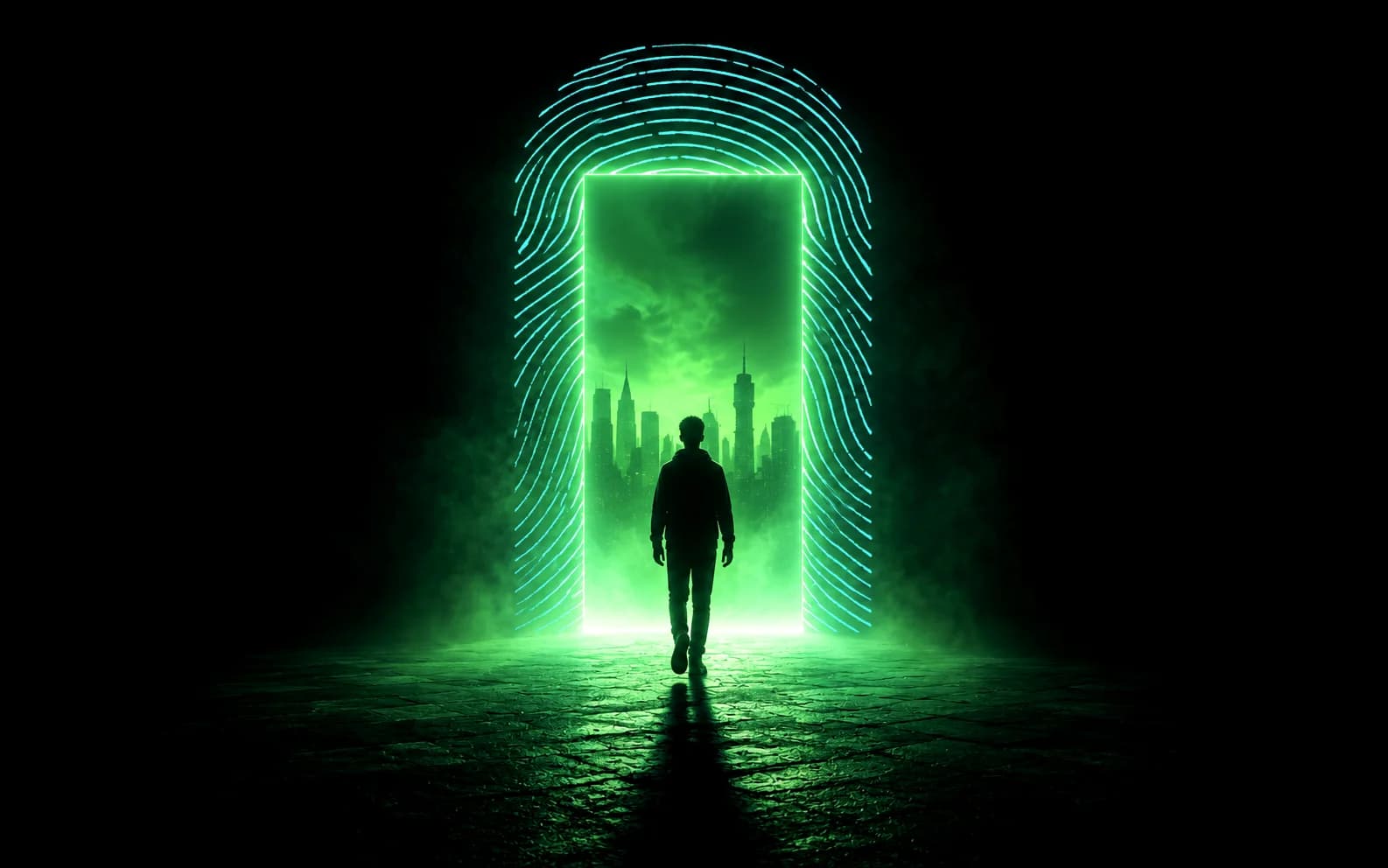 A faceless figure stepping into a doorway shaped from the FIJIO fingerprint, a Nairobi skyline glowing green in the threshold.