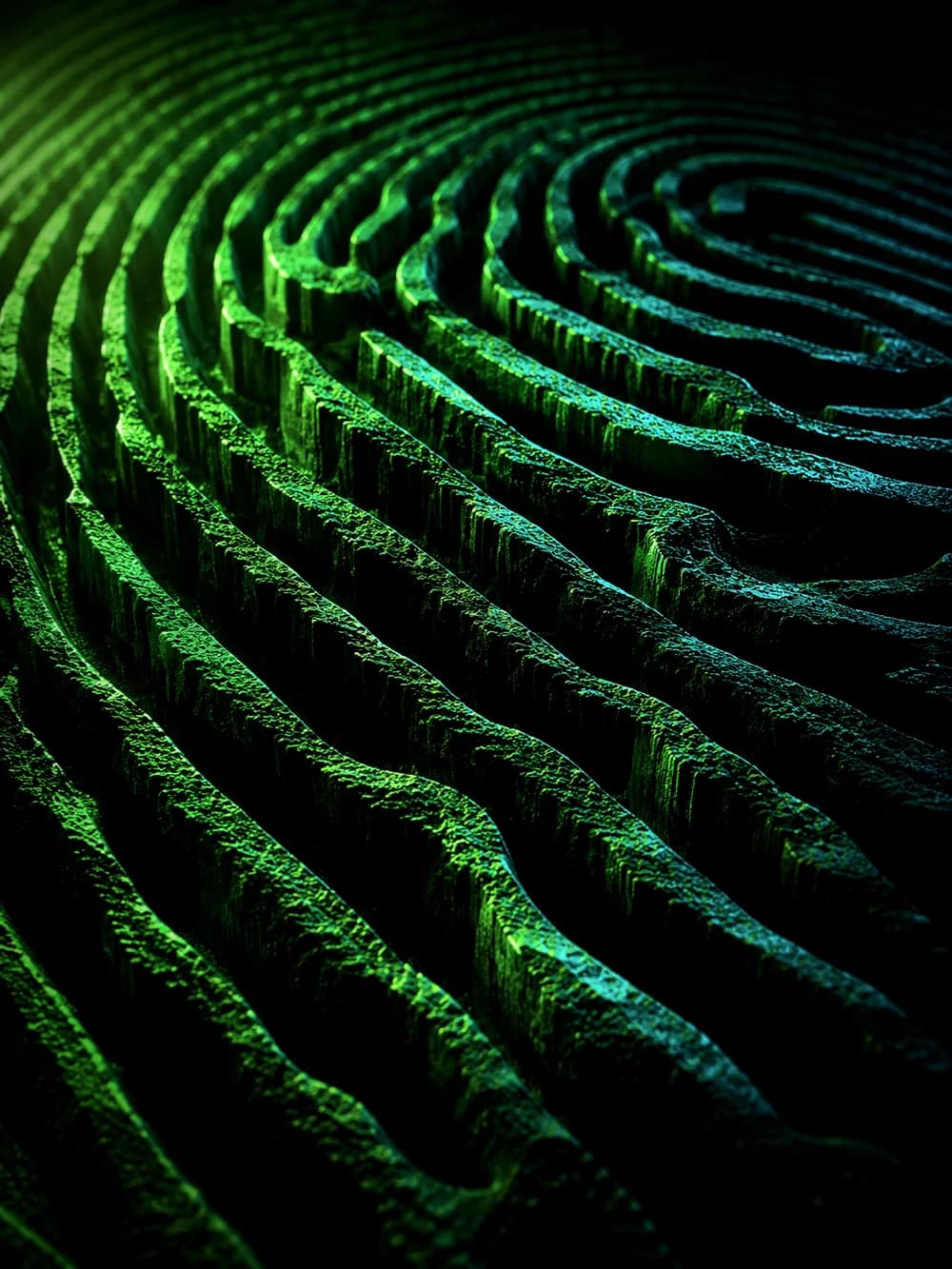 Extreme macro of the FIJIO fingerprint ridges, lit like a glowing green topographic landscape.