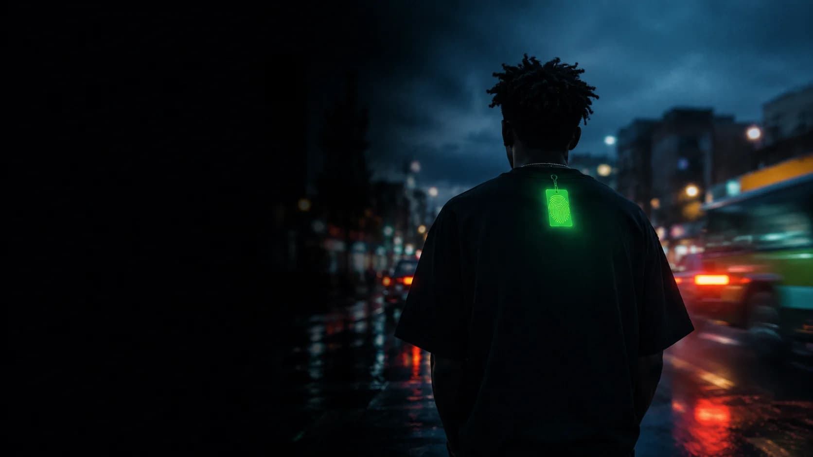 A faceless creator from behind on a Nairobi street at night, a Culture Key glowing green on the back of their tee, matatu light-trails and wet asphalt around them.