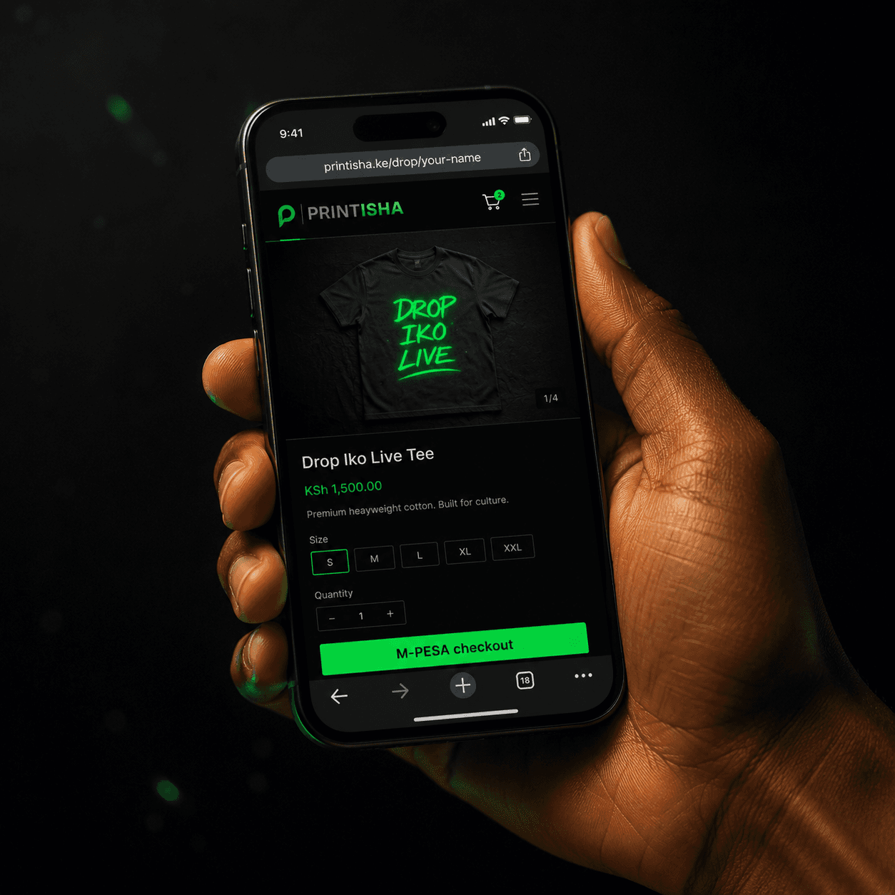 A Printisha drop storefront open on a smartphone with M-PESA checkout