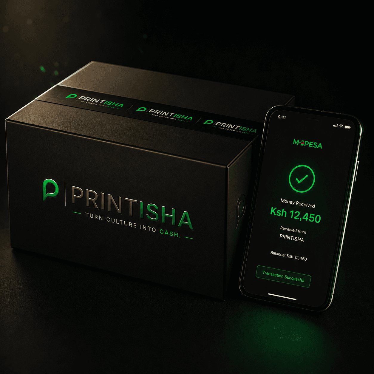 An M-PESA payout confirmation beside a packed Printisha drop box