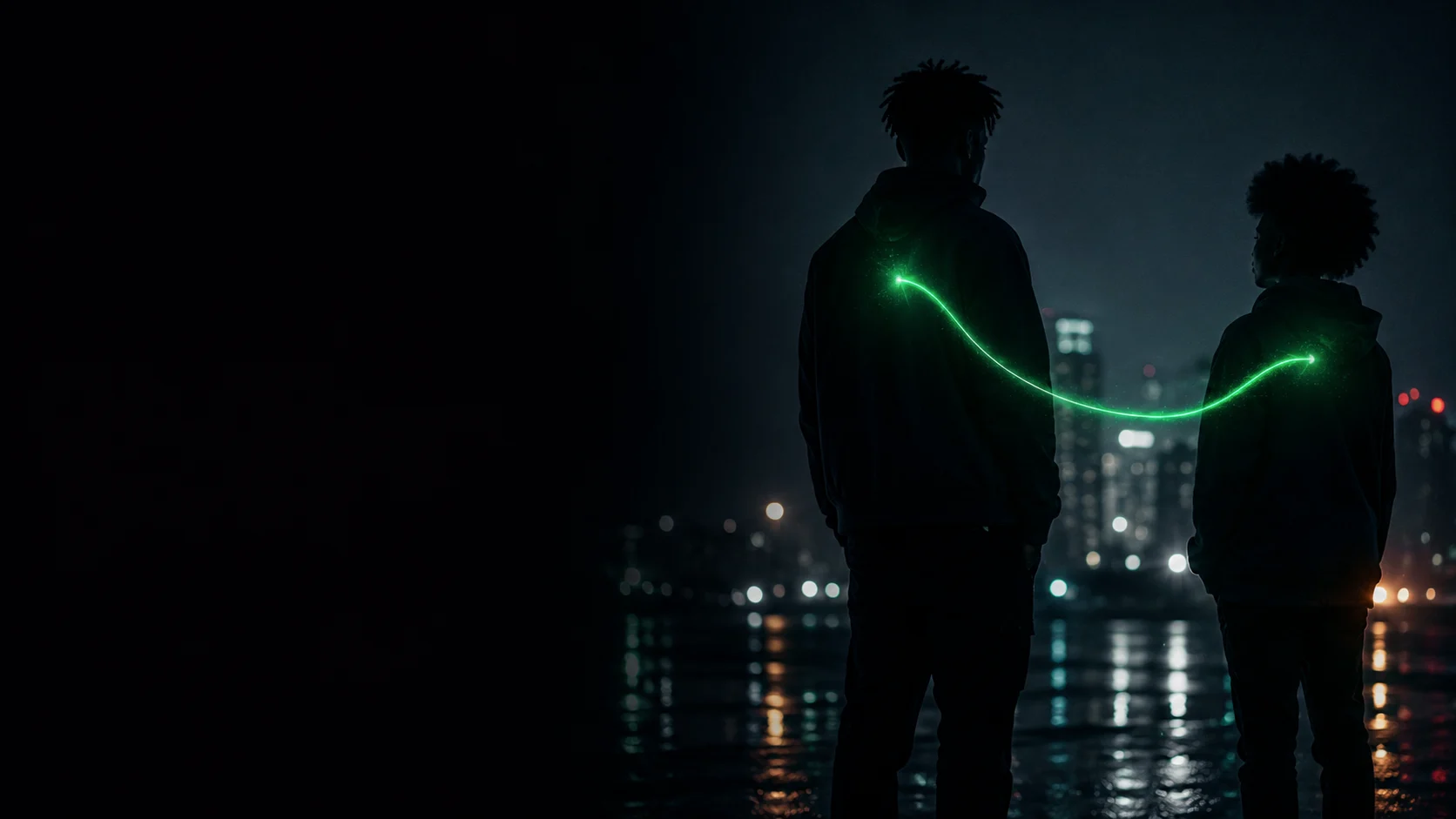 Two faceless creators from behind on a Nairobi waterfront at night, joined by a glowing green thread of light arcing between them, the city skyline beyond.