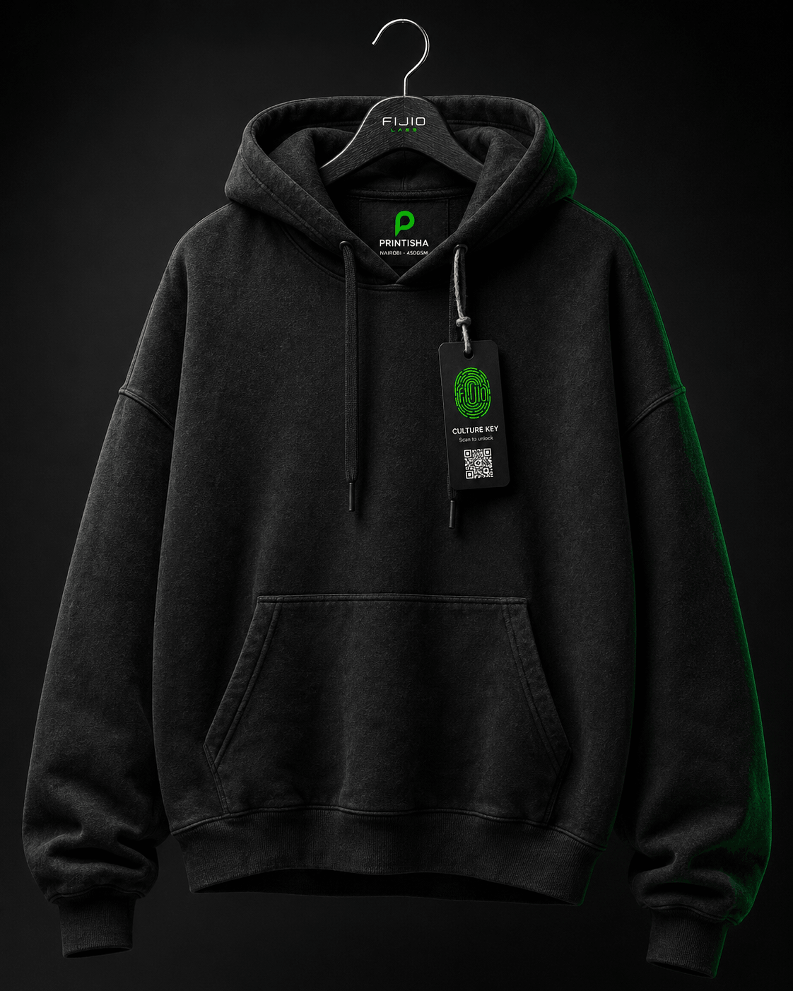 Printisha street hoodie on a custom hanger with the Fijio Culture Key hangtag