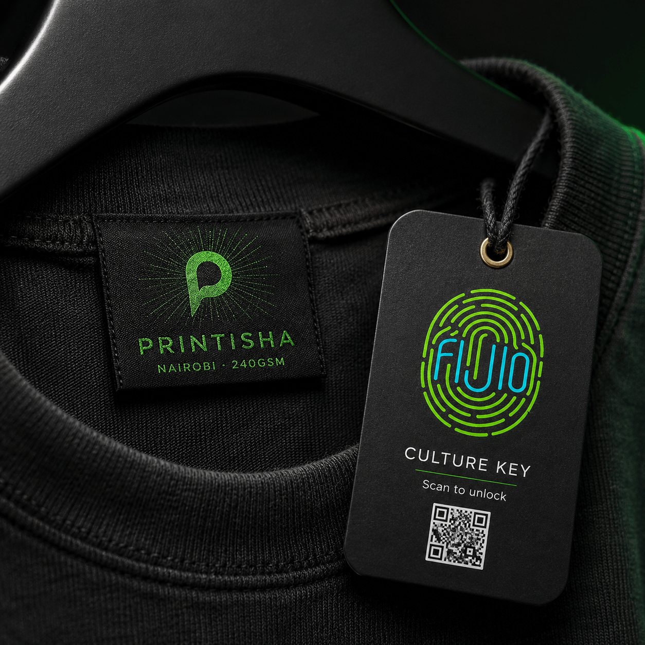Close-up of the woven Printisha neck label and the Fijio Culture Key scan tag