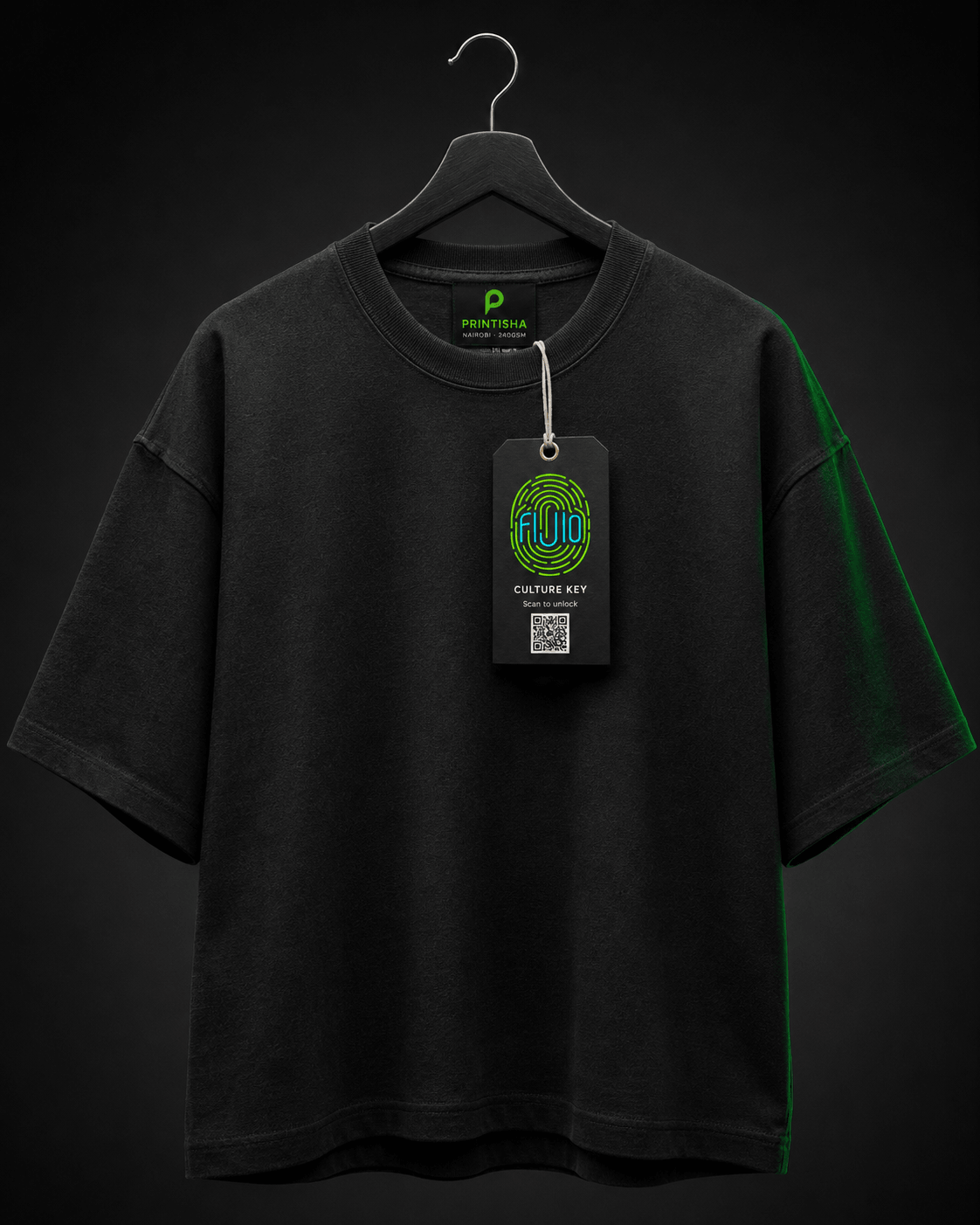 Printisha drop-shoulder tee on a custom hanger with the Fijio Culture Key hangtag