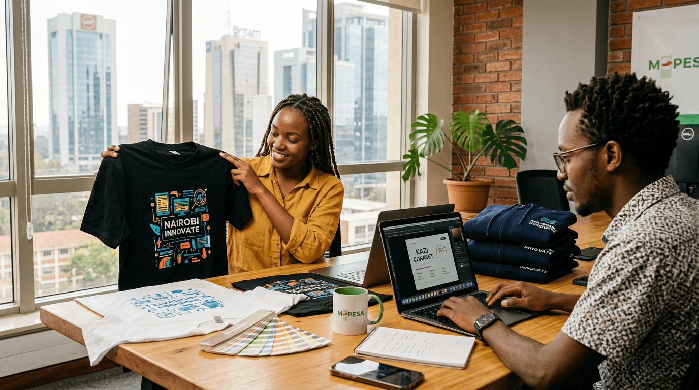 Two Kenyan creators examining freshly printed merch in a modern Nairobi workspace