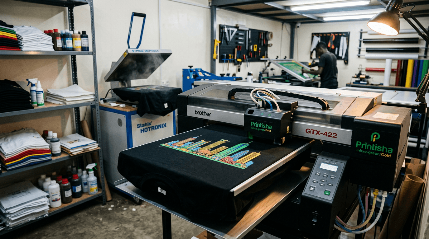 Direct-to-garment printer laying down vibrant ink on a t-shirt