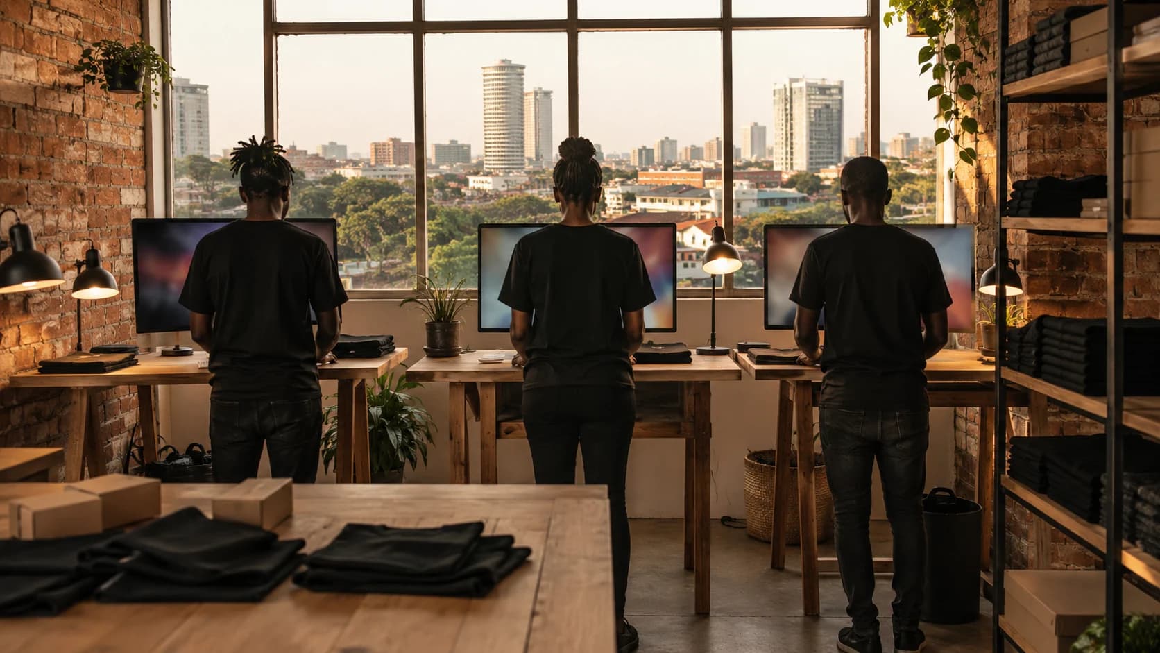 The Printisha team at standing desks, photographed from behind, facing big windows over the Nairobi skyline in a warm brick studio