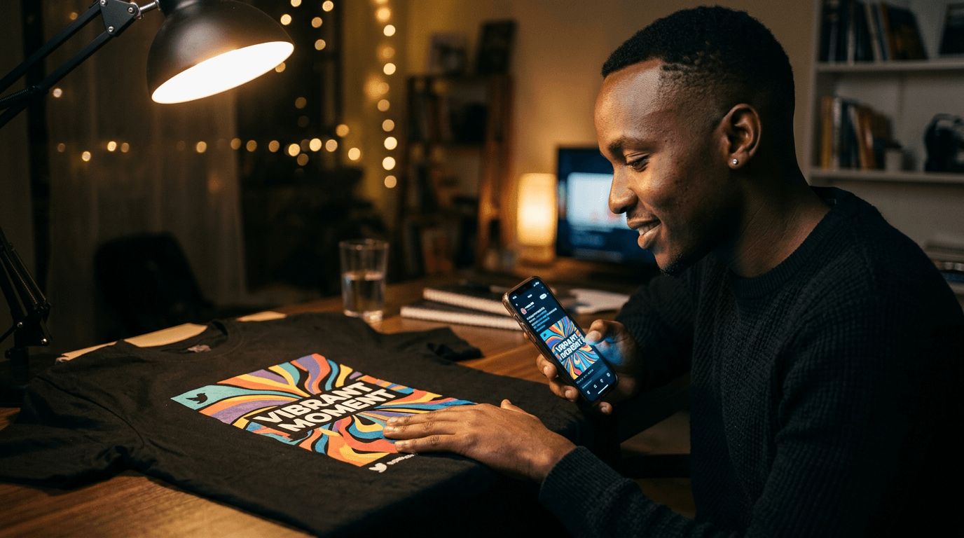 Kenyan creator at desk with phone showing tweet and freshly printed t-shirt