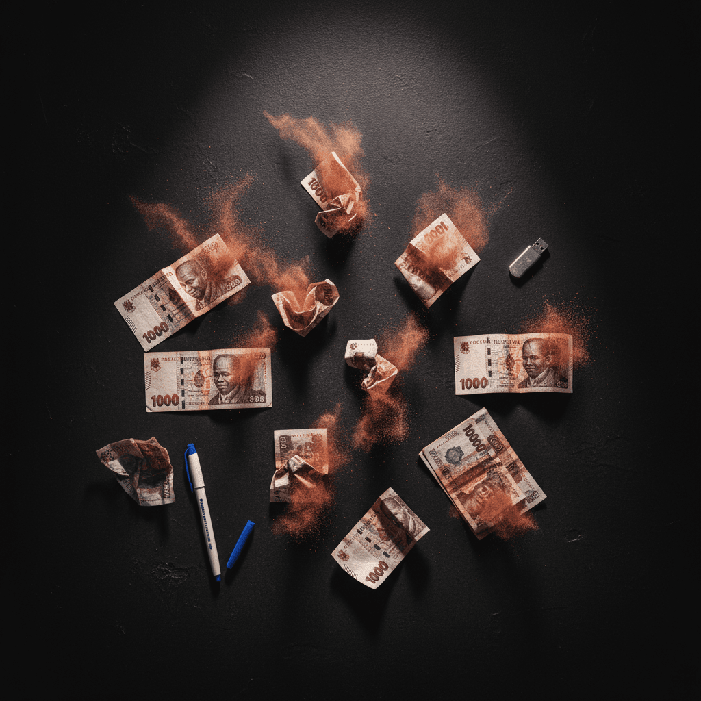 Scattered KES bills dissolving — wasted marketing spend