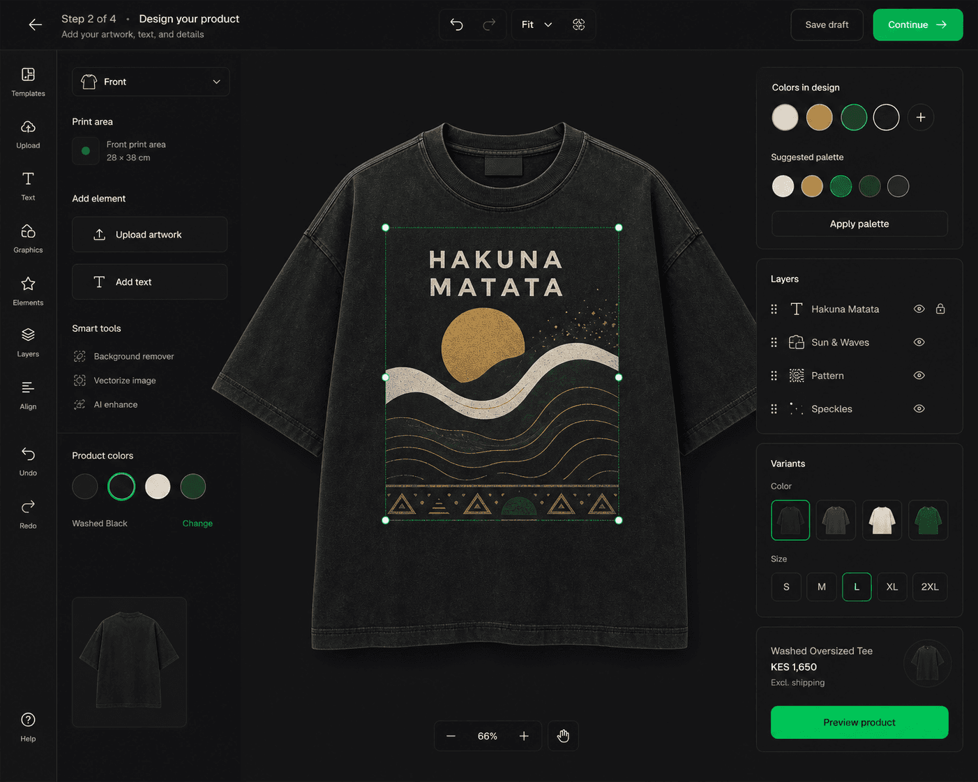 Dark Printisha design editor showing a washed black drop-shoulder t-shirt mockup with a Hakuna Matata Afrofusion chest design