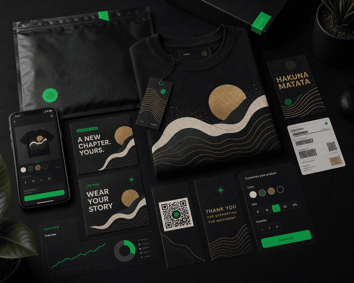 Hakuna Matata launch system showing product packaging, social assets, storefront, customization, logistics, delivery, and payout cues