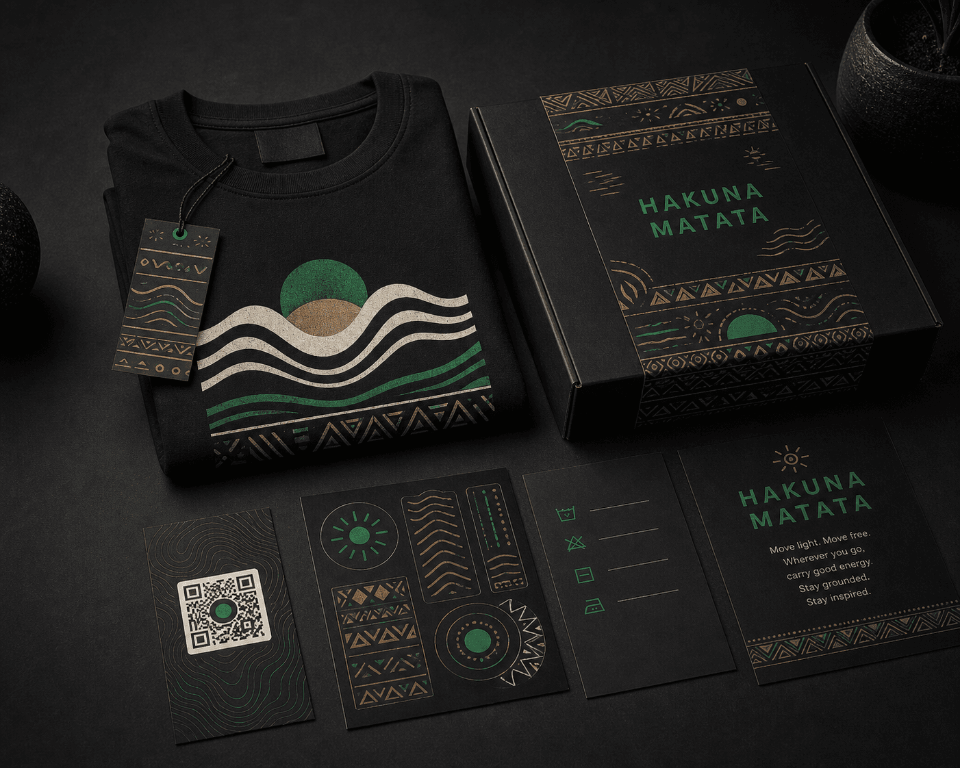 Hakuna Matata Afrofusion packaging kit with sleeve, hang tag, neck label, Culture Card, sticker, care note, and creator message