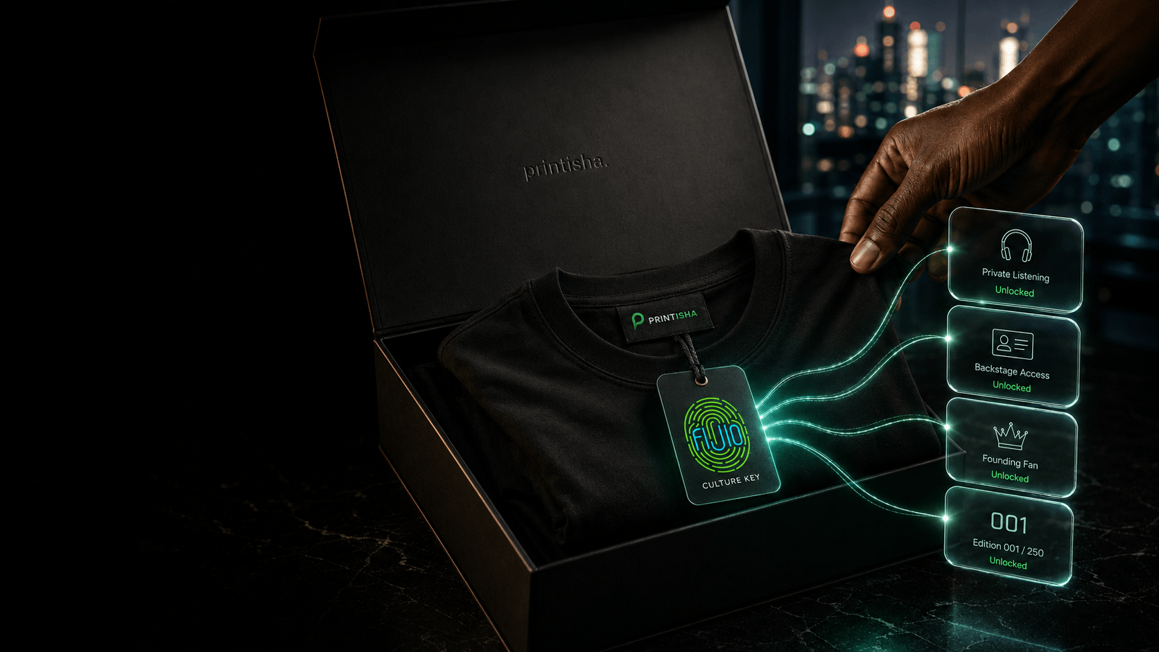 An open Printisha drop box with a glowing Fijio Culture Key tag, its signal unlocking Private Listening, Backstage Access, Founding Fan, and Edition 001 of 250