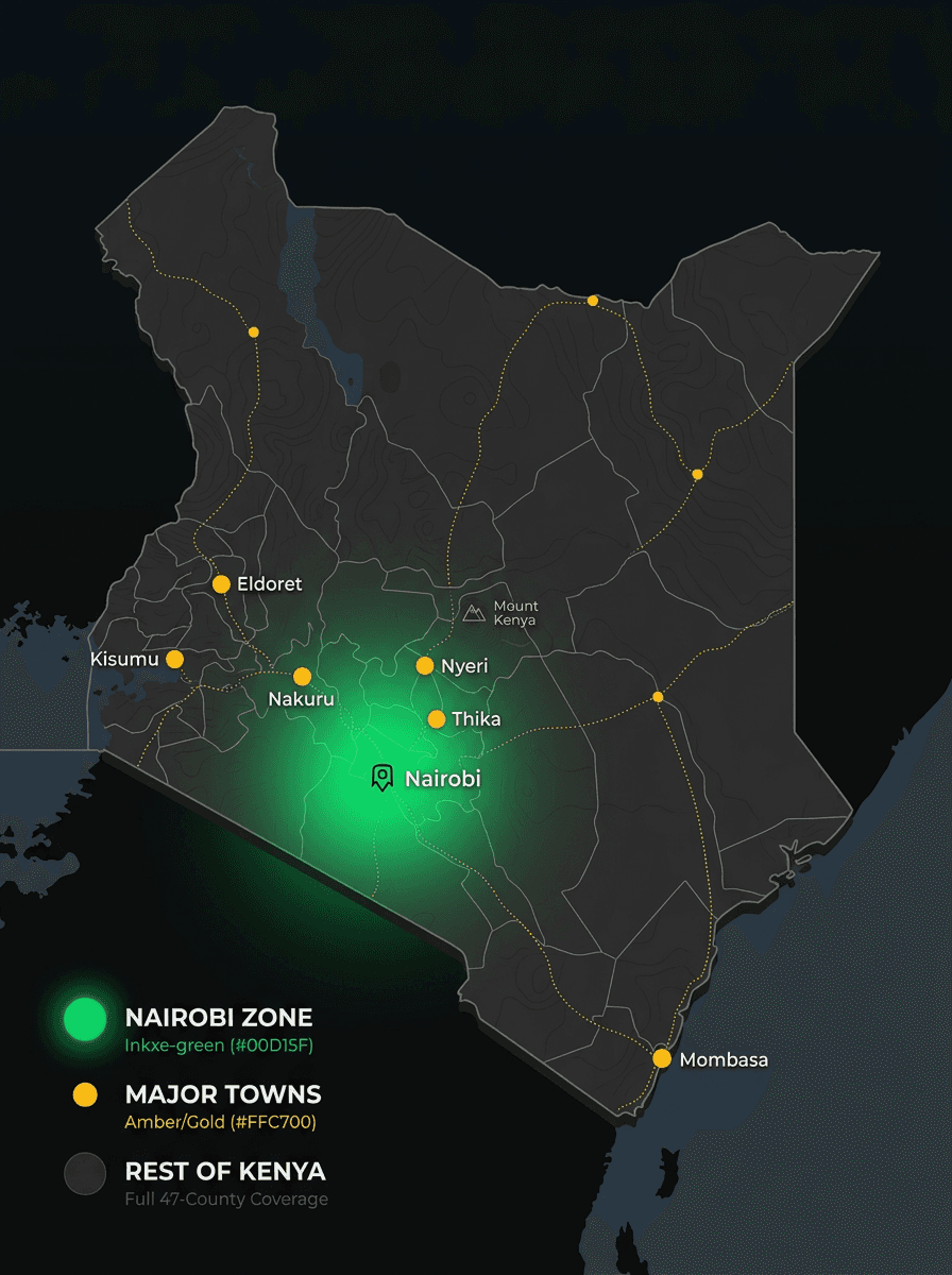 Kenya delivery zones map showing Nairobi, major towns, and rest of Kenya coverage