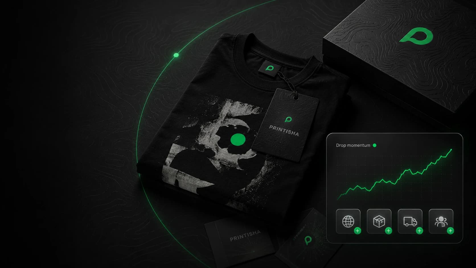 A premium Printisha drop kit — folded graphic tee, branded hang tag and box, with a glass 'Drop momentum' analytics panel and orbital signal ring