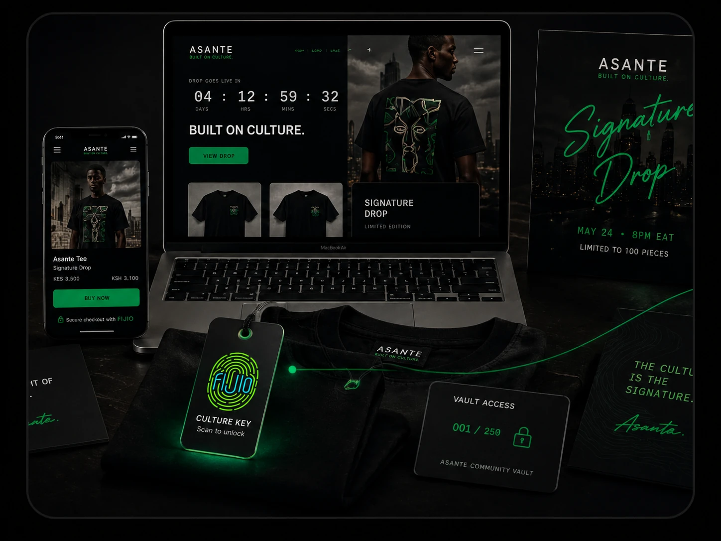 Asante drop launch system — storefront countdown on a laptop, product on a phone, Signature Drop poster, glowing Culture Key tag, and a vault access card