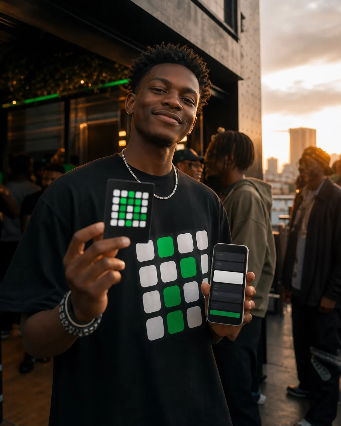 A fan wearing a black creator tee and holding a Culture Key card at a Nairobi launch moment.