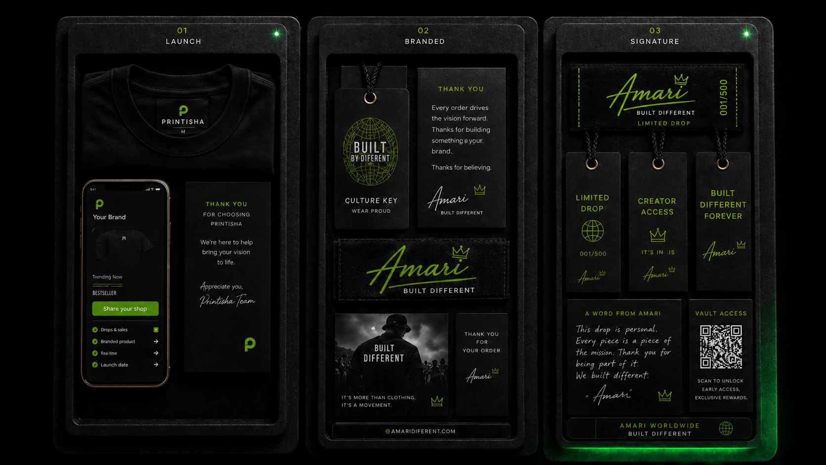 The three Printisha drop-kit tiers laid out side by side — Launch with a folded tee, phone storefront and creator card; Branded with the Fijio Culture Key and a thank-you card; Signature with a custom woven neck tag, premium hang tags, vault-access QR and full-launch-support footer