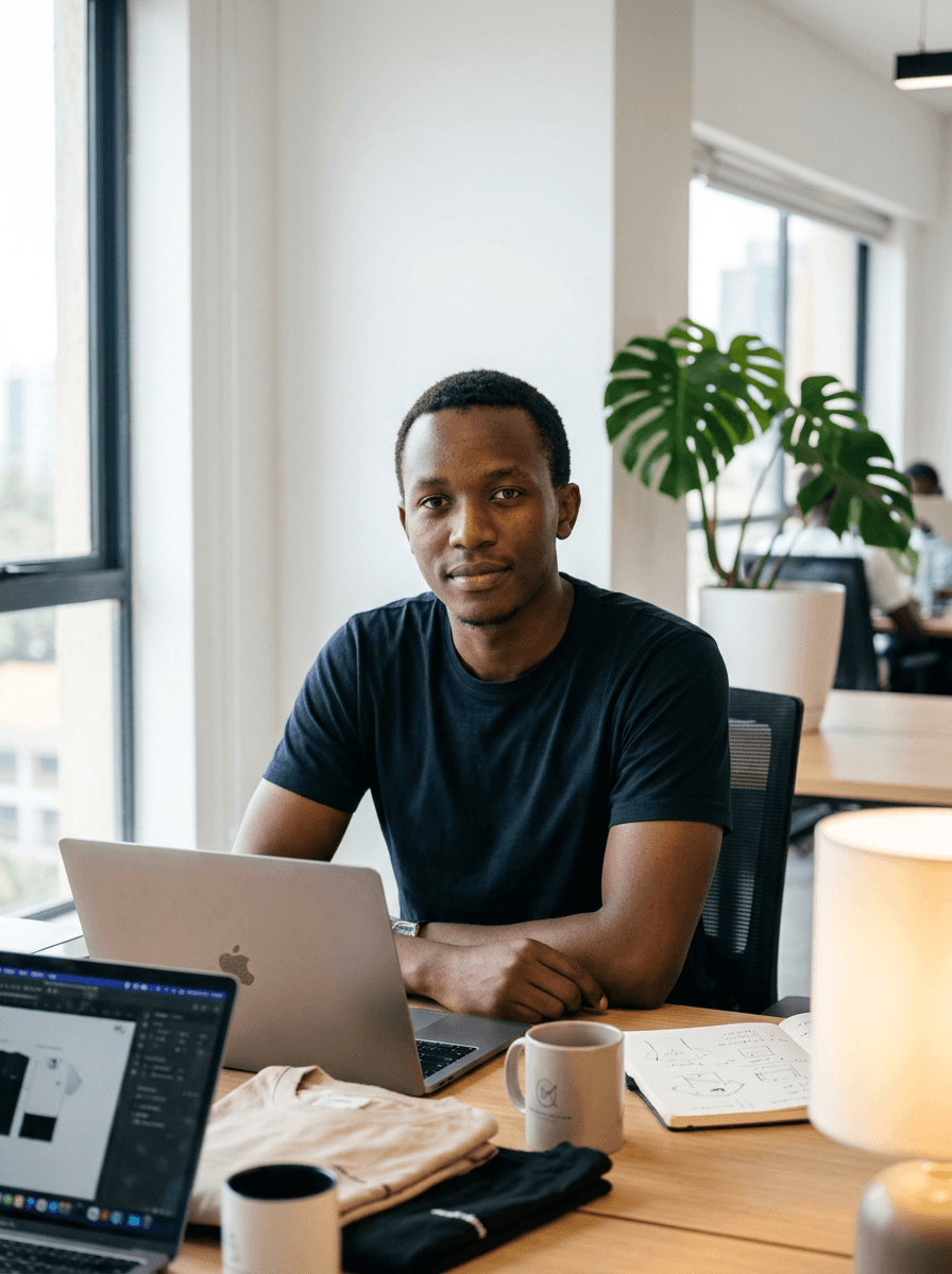 Founder at creative workspace with product samples