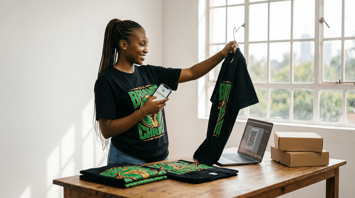 Kenyan creator in workspace holding custom printed t-shirt