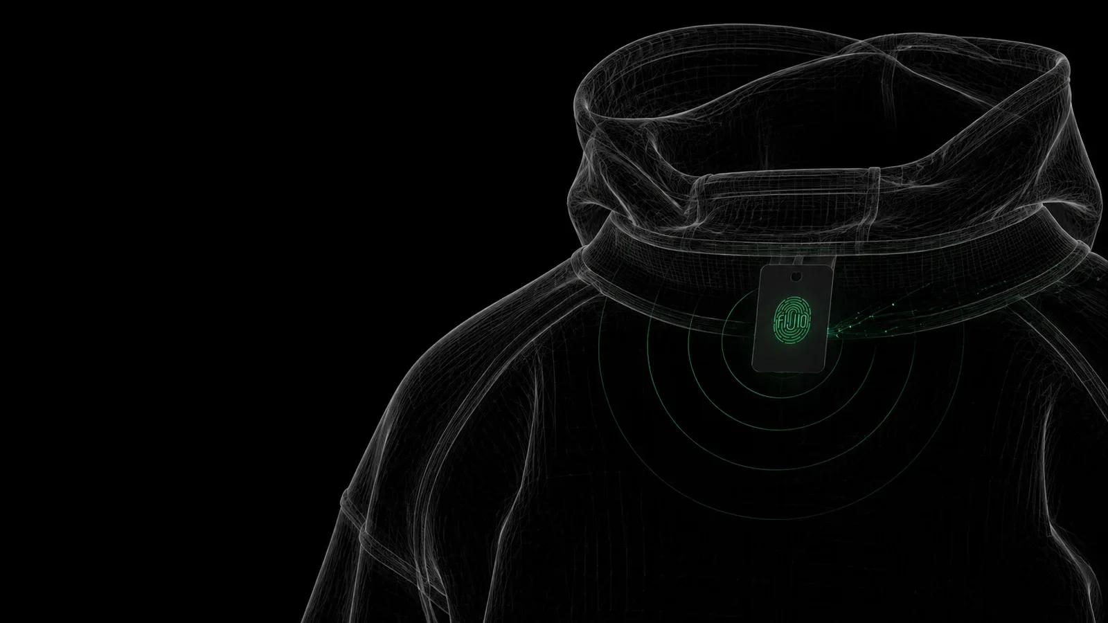 A wireframe hoodie seen from behind, a Culture Key hangtag at the back neck, the FIJIO mark glowing green