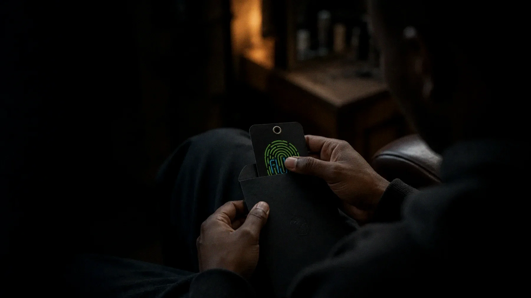 A Culture Key card being drawn from its black envelope, green fingerprint emblem glowing