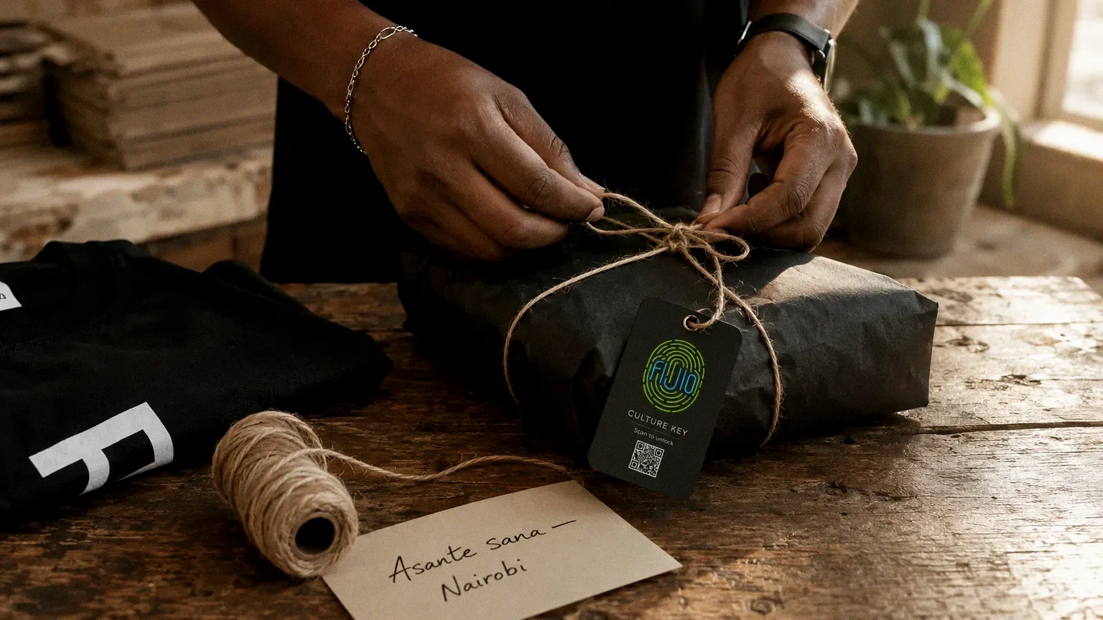 Hands tying twine around a black-wrapped parcel, a Culture Key tag and an asante sana note beside it