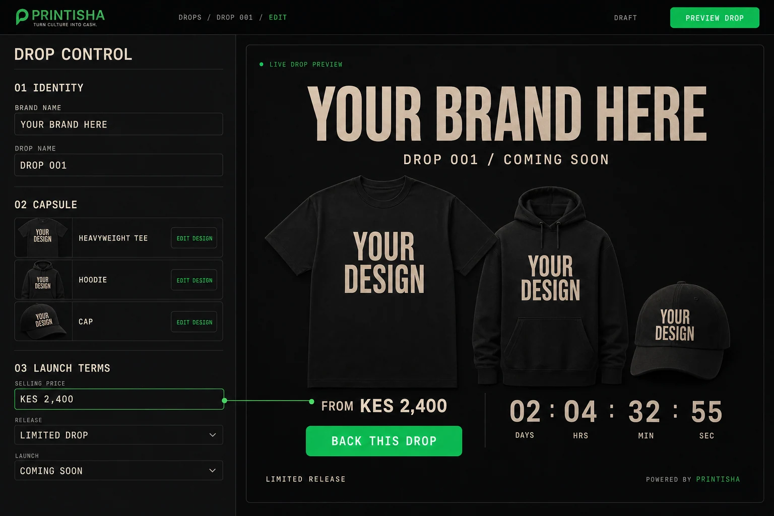 Printisha Drop Control showing a creator setting their brand name, product capsule and selling price alongside the live Drop 001 preview