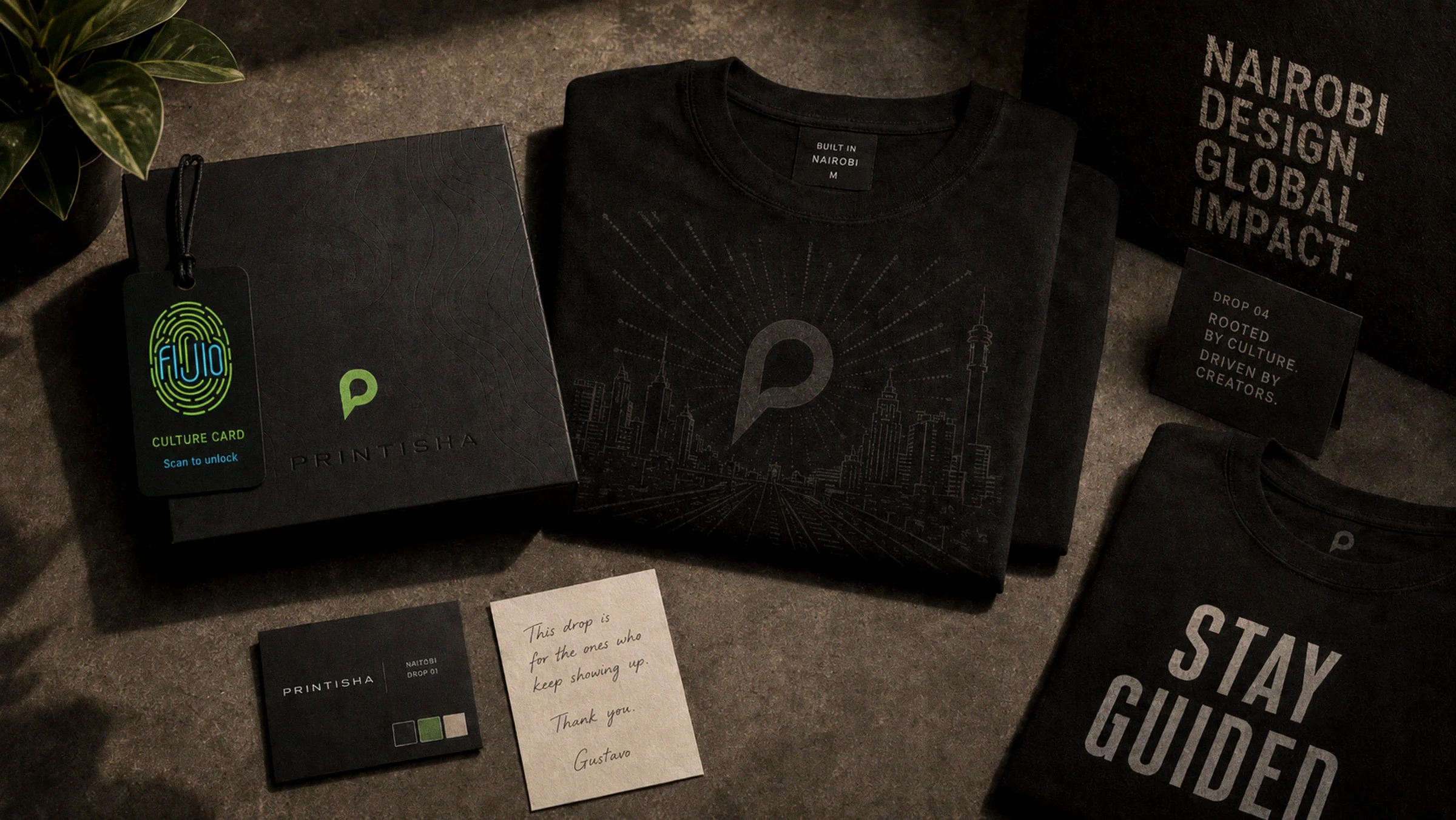 A drop kit laid flat: heavyweight tee, packaging, twine and the Culture Key card