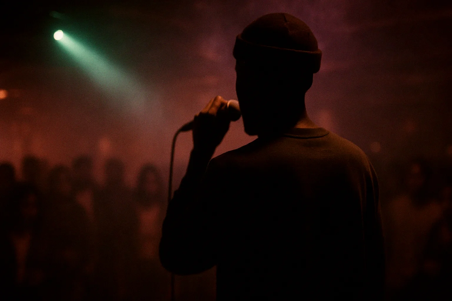 A performer silhouetted from behind on a Nairobi club stage — the sample drop's world