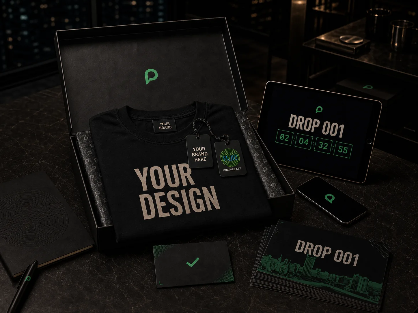 A premium concierge drop kit with a black tee reading your design, woven neck label reading your brand, launch assets, and Culture Key materials