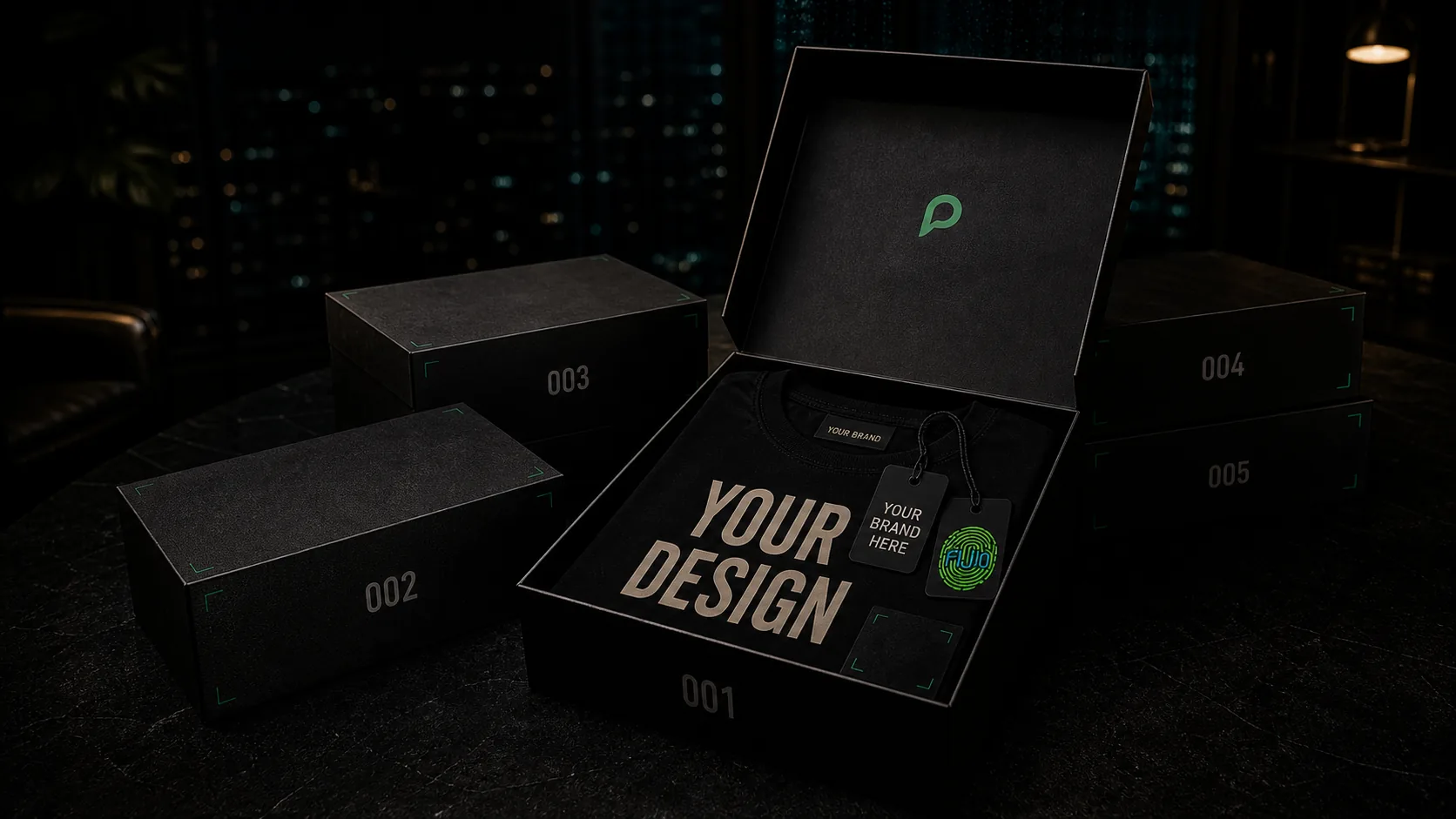 A private founding drop room with five black boxes, an open Drop 001 kit, a black tee reading your design, and a woven neck label reading your brand