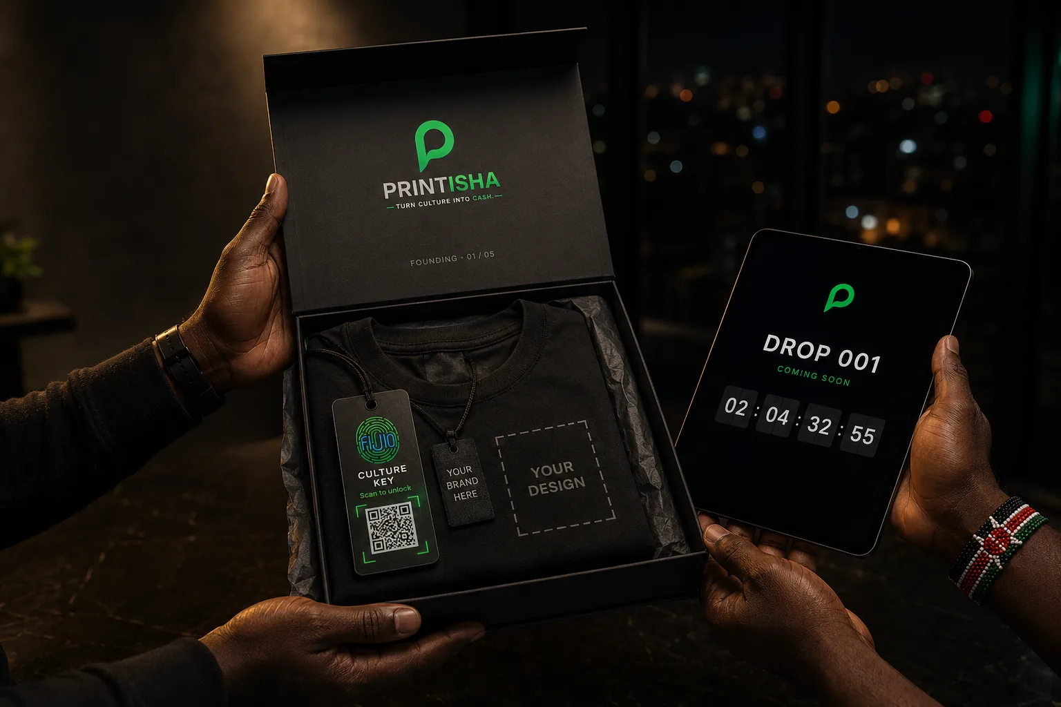 A premium Printisha founding-drop kit handed to its creator: a black box marked FOUNDING 01/05, a folded tee with a YOUR DESIGN placeholder, the FIJIO Culture Key and YOUR BRAND HERE tags, and a tablet showing the DROP 001 launch countdown