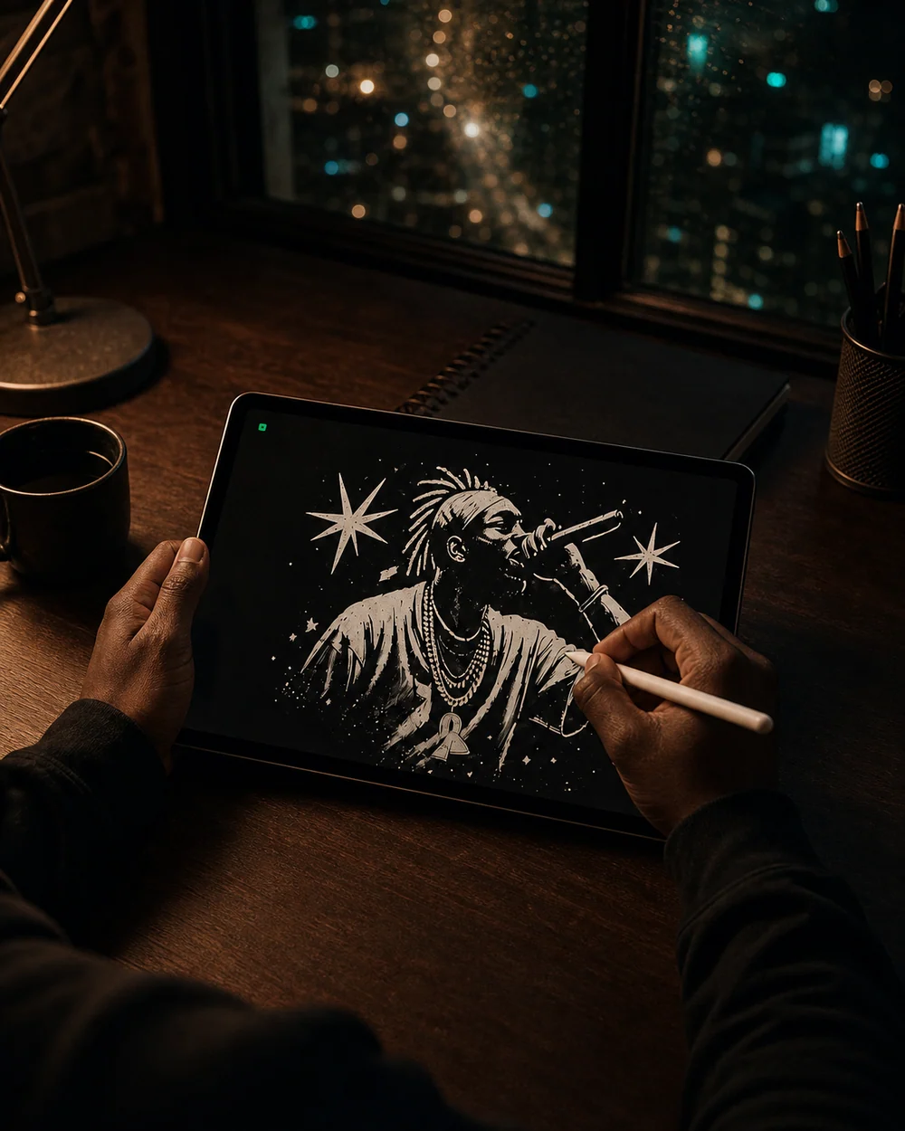 A Kenyan creator draws AMARI's singer artwork for a new black T-shirt drop on a tablet