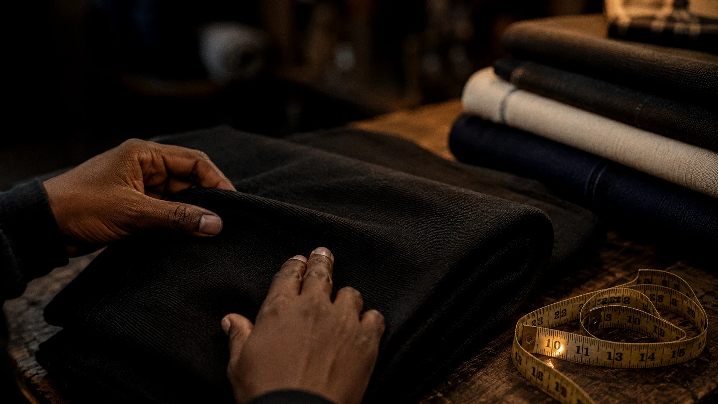 Hands folding dark printed fabric in a Nairobi workshop