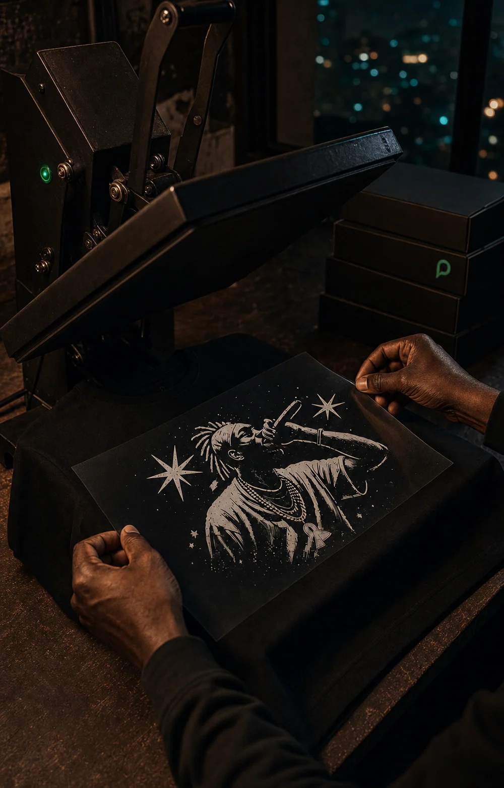 A Nairobi print operator prepares the AMARI singer artwork for transfer onto a black T-shirt