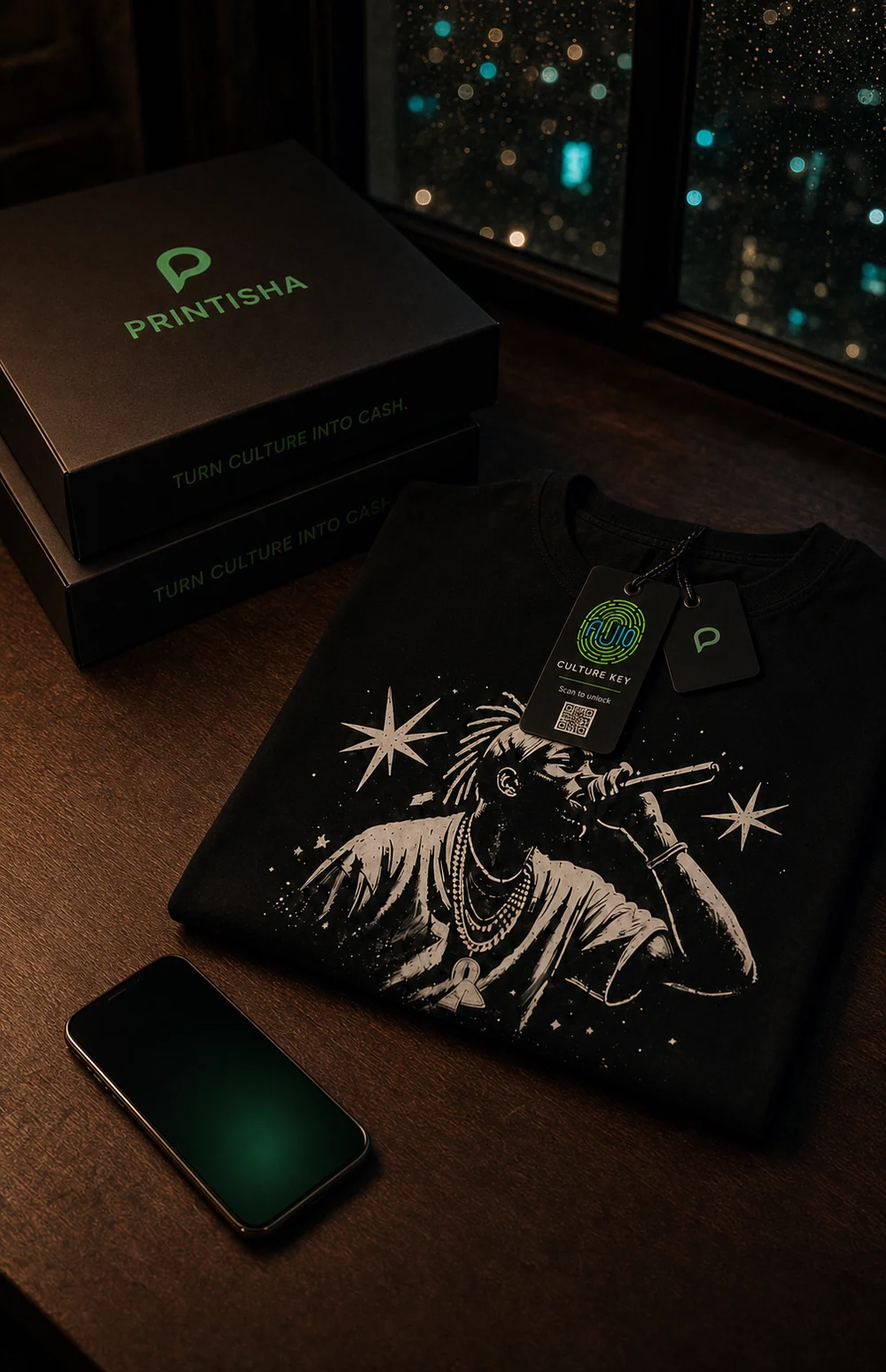 The finished AMARI T-shirt with its FIJIO Culture Key, Printisha tag, drop boxes and payout phone