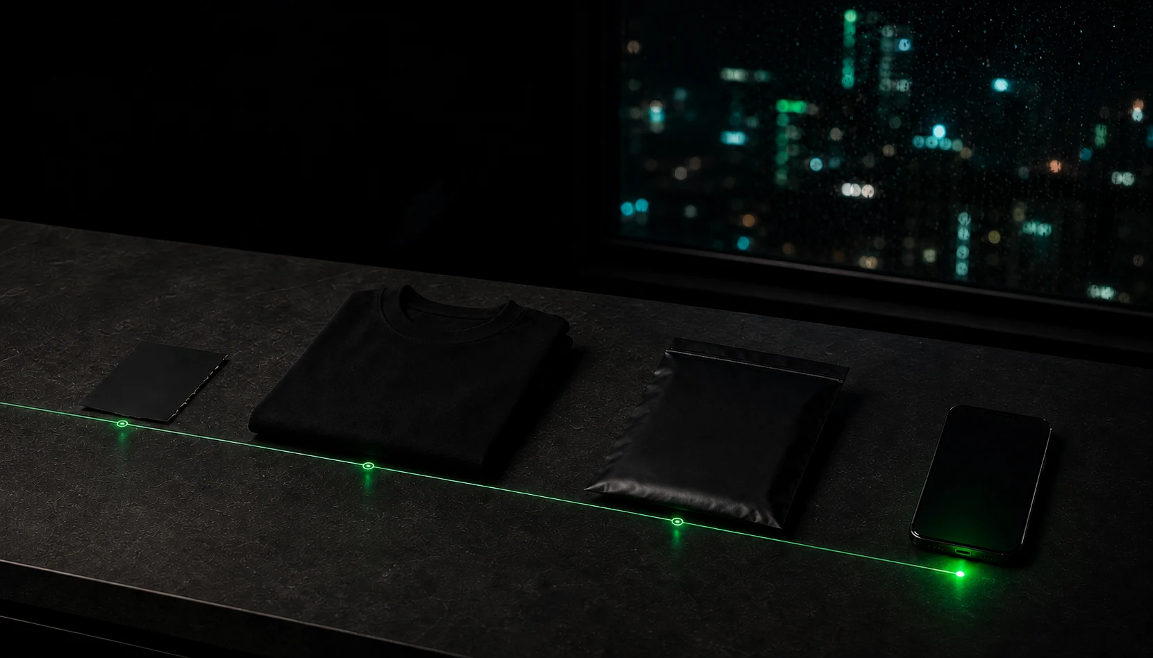 A blank order slip, folded T-shirt, dispatch mailer and phone connected by a green audit line on a dark Nairobi studio surface