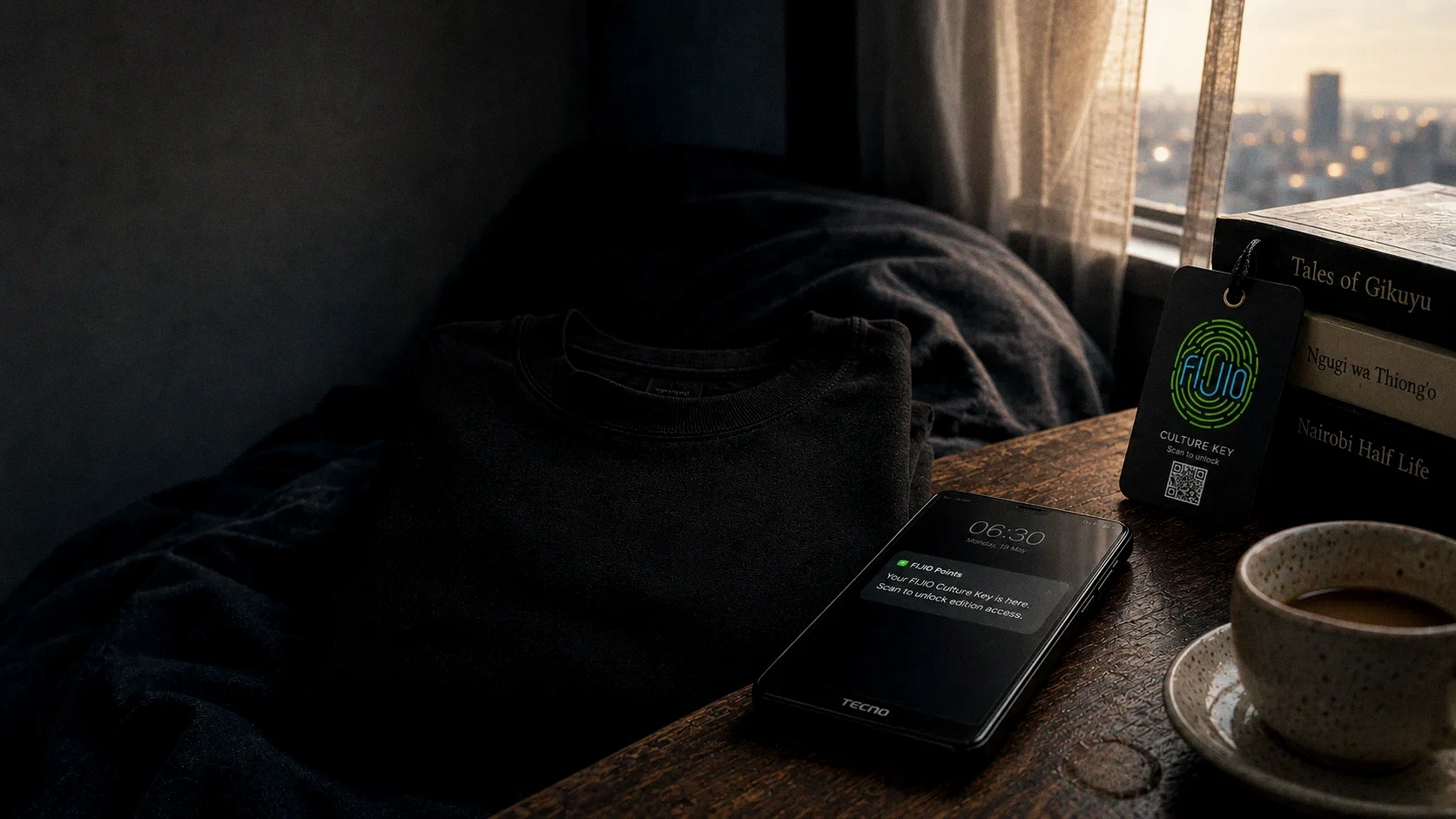 A folded black tee beside a glowing phone at dawn, Nairobi waking beyond the window