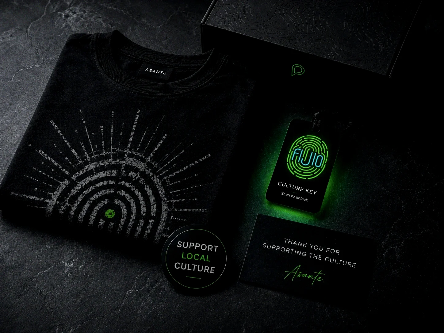 Branded Drop: printed tee with a glowing Culture Key tag, sticker and creator thank-you card