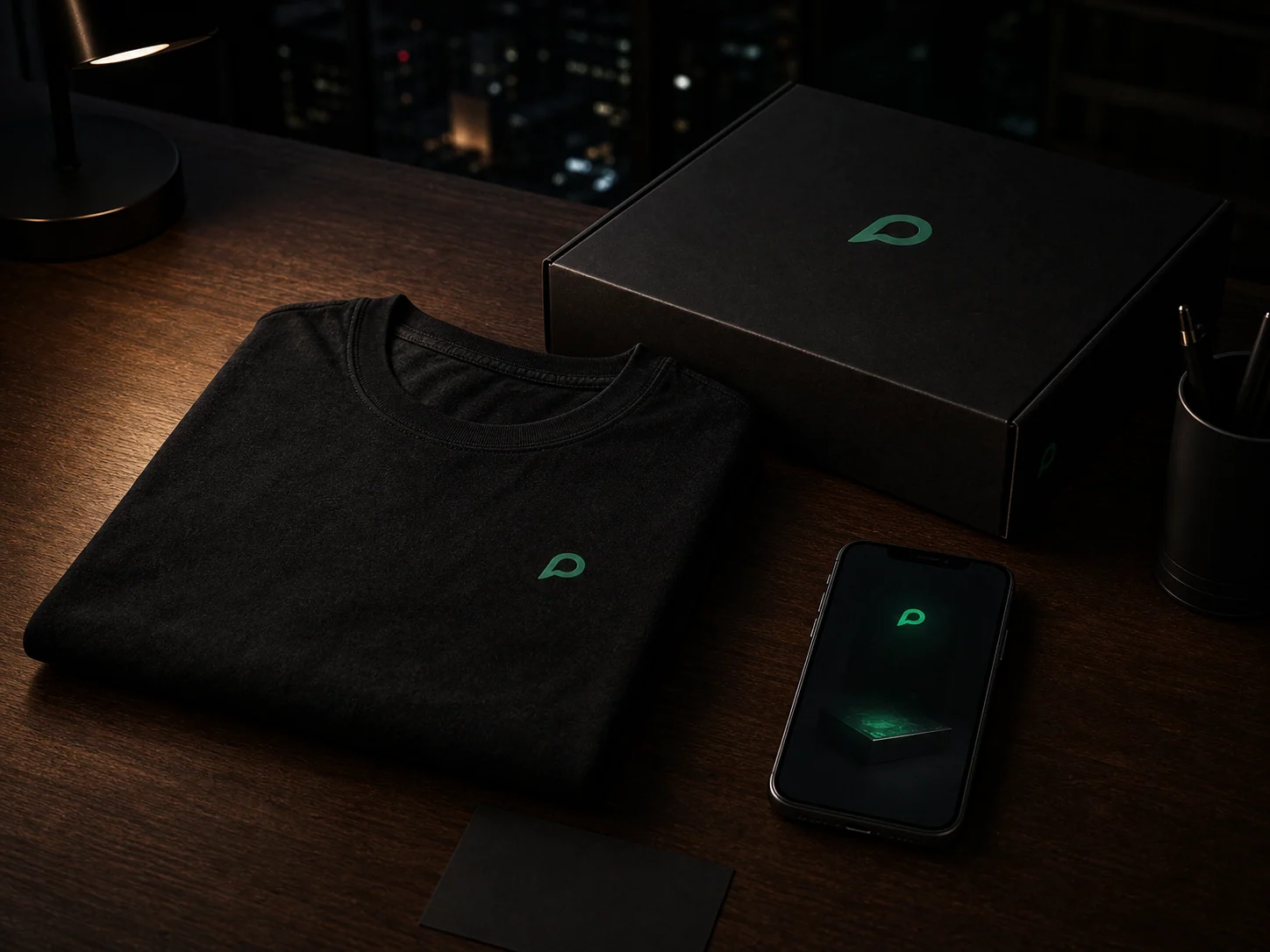 Launch Drop: a clean black tee, Printisha box and payout phone arranged on a dark Nairobi desk