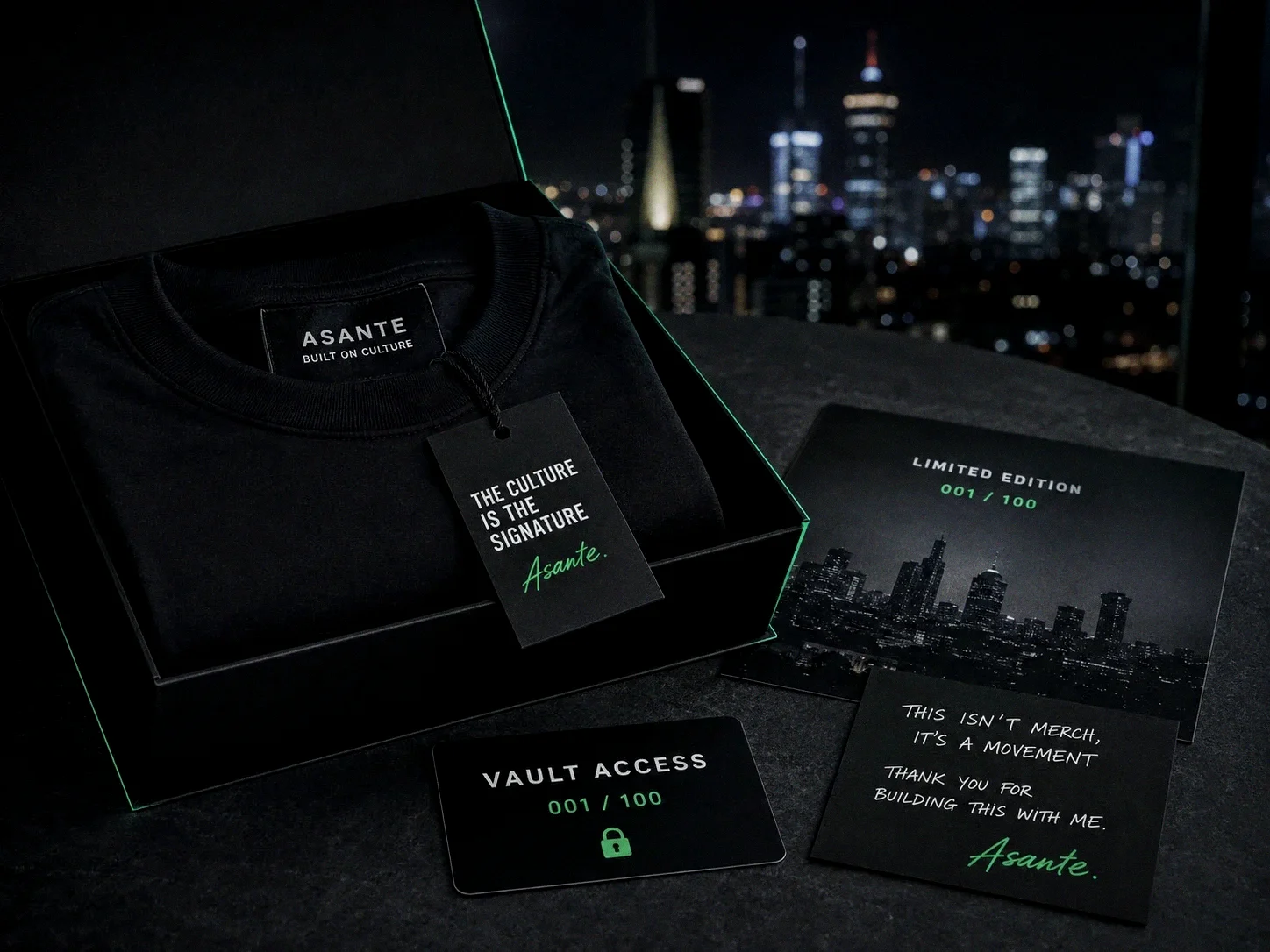 Signature Drop: boxed crewneck with custom hang tag, vault access card and a numbered limited edition insert against the night skyline