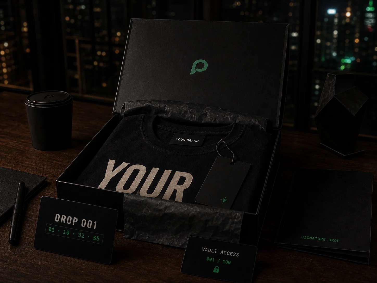Signature Drop: a black tee with a Your Brand woven neck label and Culture Key hang tag, staged as a premium unboxing