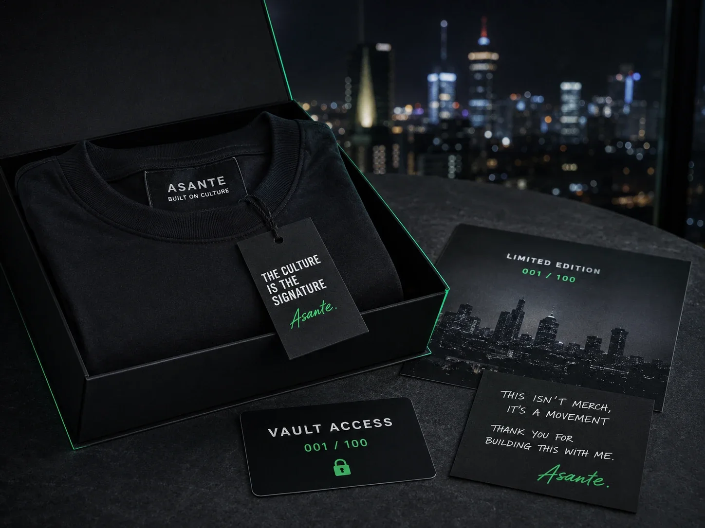 Signature Drop: boxed crewneck with custom hang tag, vault access card and a numbered limited edition insert against the night skyline