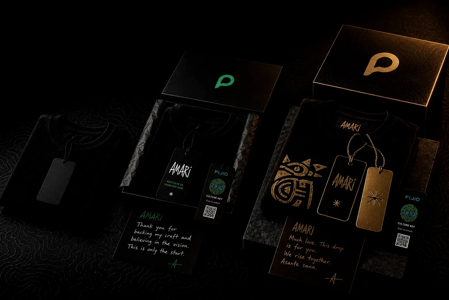 Three drops in a lineup escalating left to right: a bare tee with a plain tag, a branded drop with hang tag and P-mark box, and a gold-embossed Signature drop