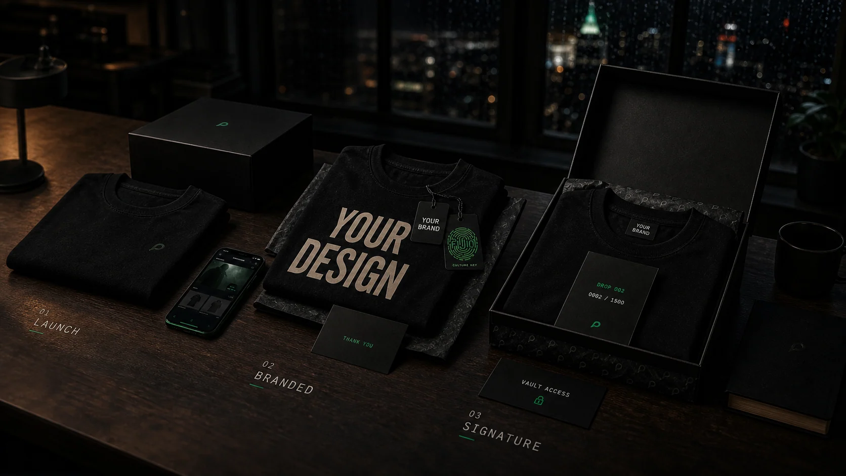 Three Printisha drop tiers laid out left to right: simple launch drop, branded drop and signature collectible kit
